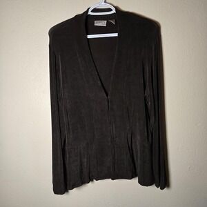 Chico's Travelers Jacket Womens 1 Black Open Front Ruffle Hem Pockets Stretch